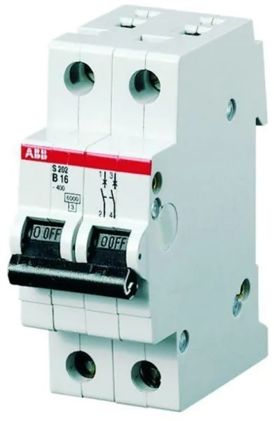 ABB Automatsikring c 6a, 2-polet c-karakteristik, brydeevne 6ka, 230/400v ac, 35mm bred s202-c6